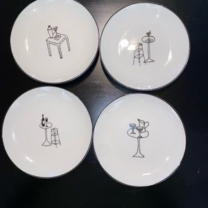 Crate and barrel party plates 6.5’’ appetizers whimsical lounge scenes set of 4